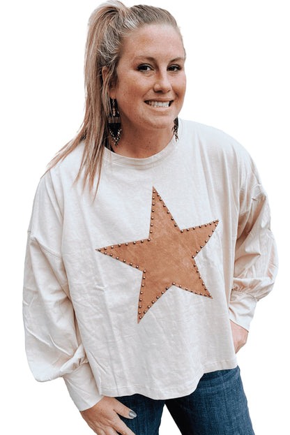 Beige Star Pattern Studded Crew Neck Plus Size Top