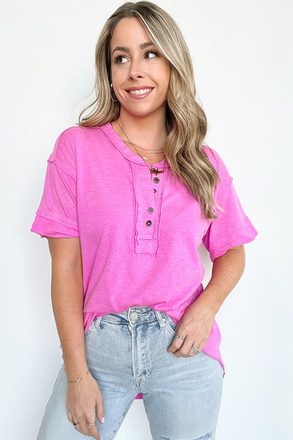 Rose Solid Button Short Sleeve Henley Top