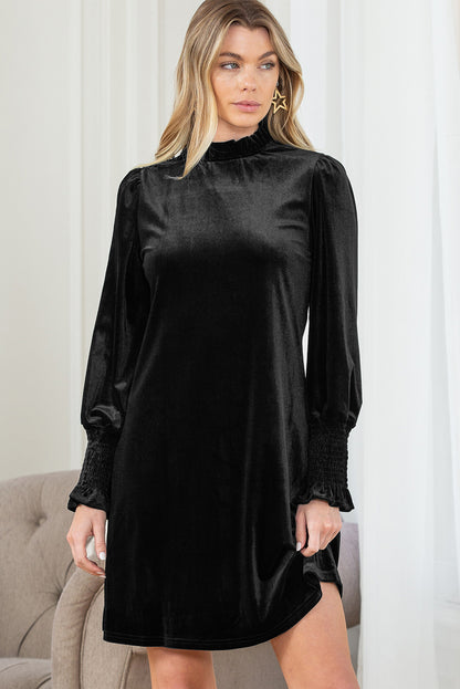 Black Velvet Frill Neck Long Sleeve Shift Dress