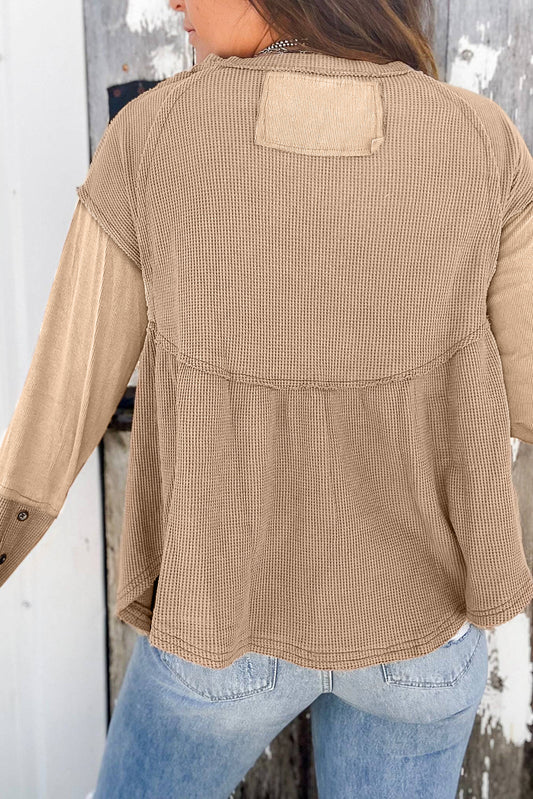 Light French Beige Waffle Patchwork Button Detail Exposed Seam Top