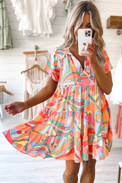 Multicolor Geometric Abstract Print Long Sleeve Shirt Dress