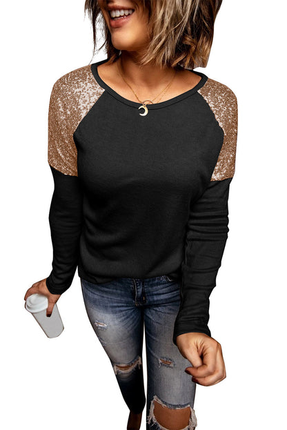 Black and Gold Raglan Sleeve Sequin Top Pullover Long Sleeve Shirt