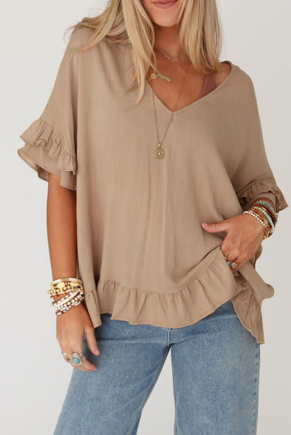 Light Beige Loose Ruffle Trim V Neck Blouse