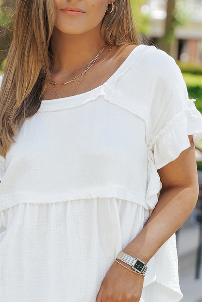 Rosy Crinkled Ruffle Casual Short Sleeve Blouse