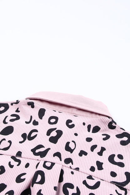 Pink Leopard Collared Neckline Flap Pockets Corduroy Jacket