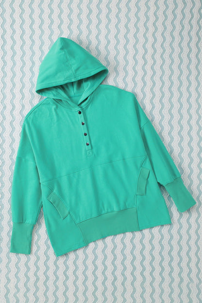 Light Blue Casual Batwing Sleeve Pocket Henley Hoodie