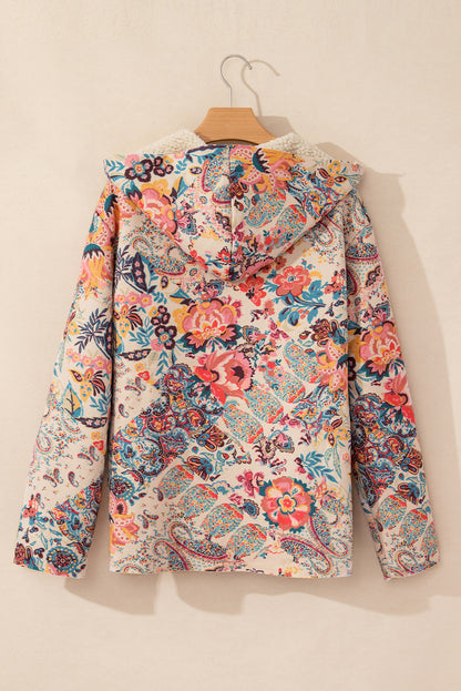 Khaki Vintage Paisley Floral Printed Sherpa Lined Hooded Jacket