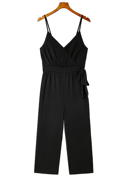 Black Casual Surplice V Neck Knot Wide Leg Jumpsuit