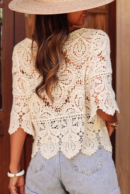 Oatmeal Hollowed Macrame Lace Crochet Bohemian Blouse