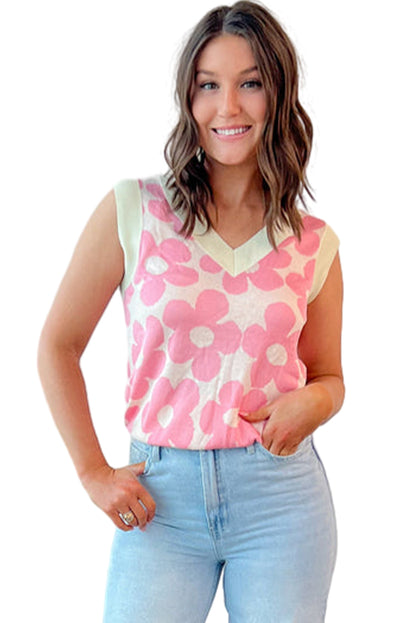 Pink Floral V-Neck Contrast Trim Knitted Vest