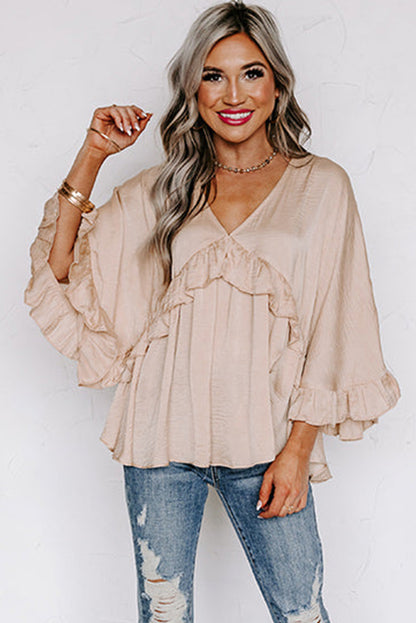 V Neck Draped Batwing Sleeve Ruffle Top