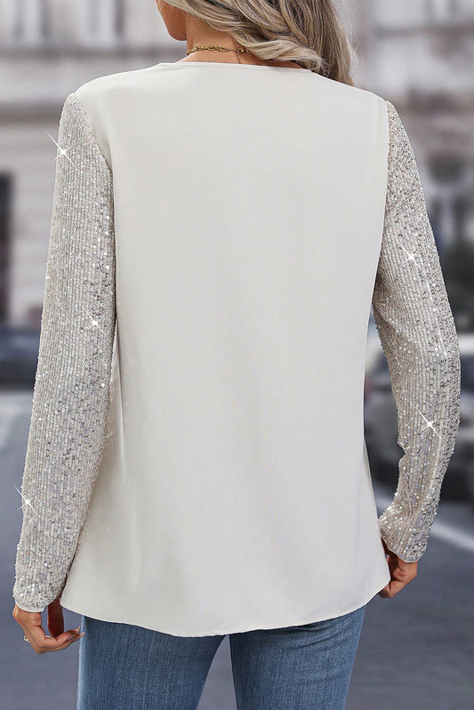 White Sequins Sleeves Patchwork V Neck Blouse