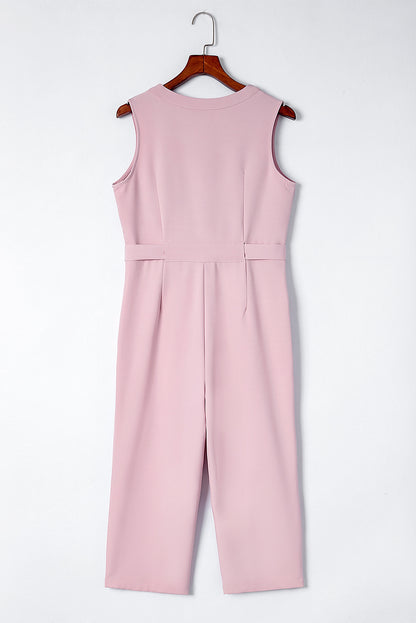 Pink Buttoned Sleeveless Cropped Jumpsuit With Sash