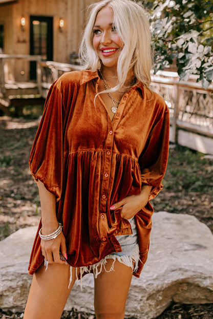 Chestnut Lantern Sleeve Tunic Babydoll Velvet Shirt