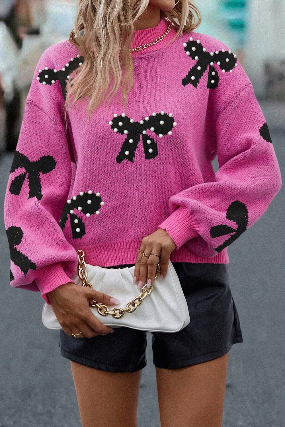Bright Pink Pearl Embellished Bow Pattern Loose Sweater