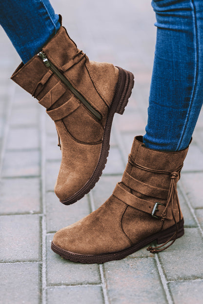 Black Faux Suede Zip Up Buckle Straps Ankle Boots