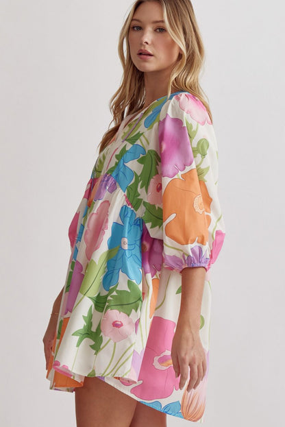 White Puff Sleeve Tied Split Neck Colorful Floral Flowy Dress