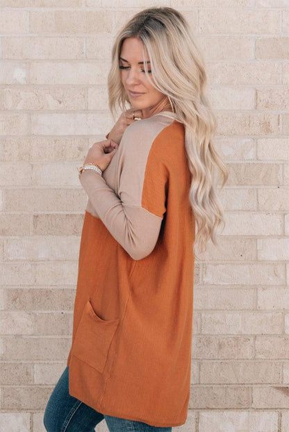 Orange Colorblock Casual Seam Pocket Loose Top