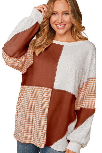 Multicolor Exposed Seam Color Block Pullover Long Sleeve Top