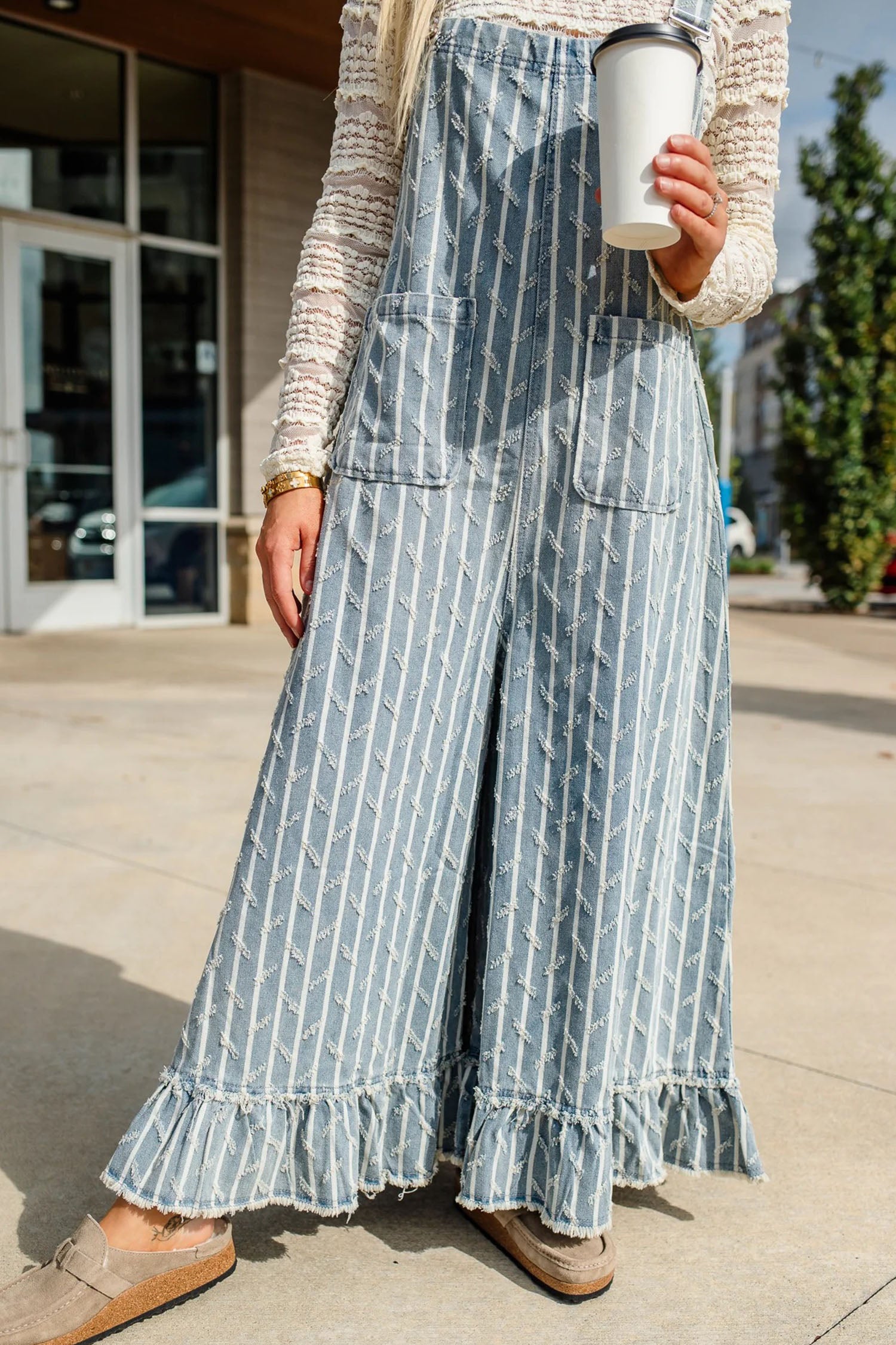 Myosotis Striped Distressed Ruffled Wide Leg Denim Overalls
