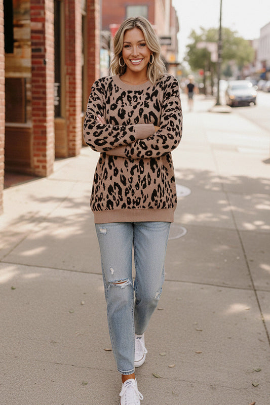 Leopard Jacquard Oversized Sweater Knit Top