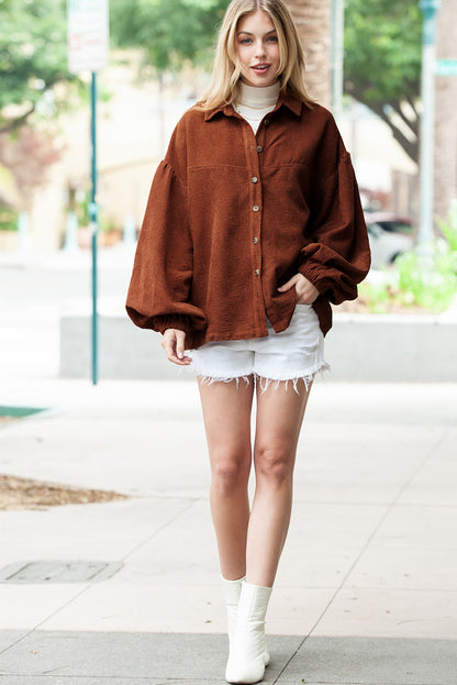 Coffee Corduroy Button Up Lantern Sleeve Jacket