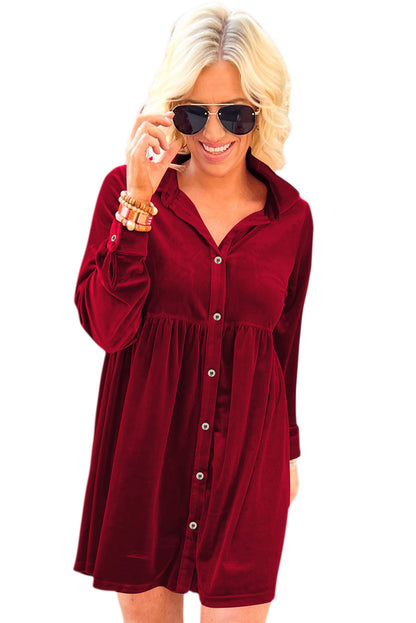 Red Long Sleeve Ruffle Velvet Button Up Shirt Dress