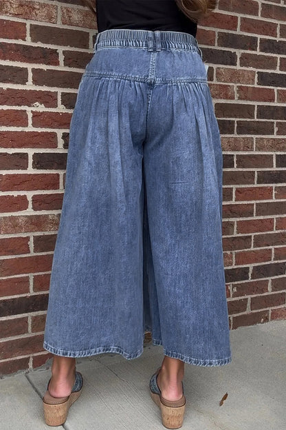 Dusk Blue High Rise Buttons Pleated Cropped Wide Leg Denim Pants