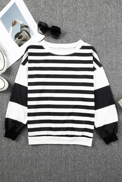 Blue Striped Casual Drop Shoulder Pullover Sweatshirt