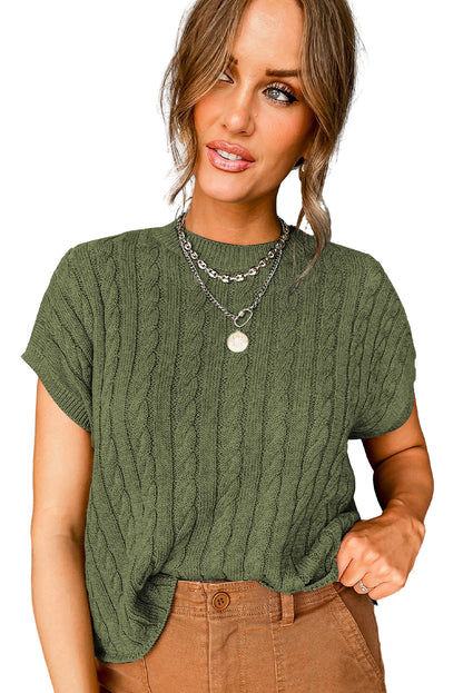 Chestnut Cable Knit Round Neck Short Sleeve Sweater