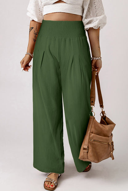 Khaki Smocked Wide Waistband High Waist Wide Leg Pants