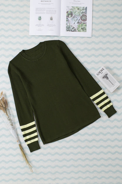 Rose Casual Crew Neck Striped Sleeve Knit Sweater