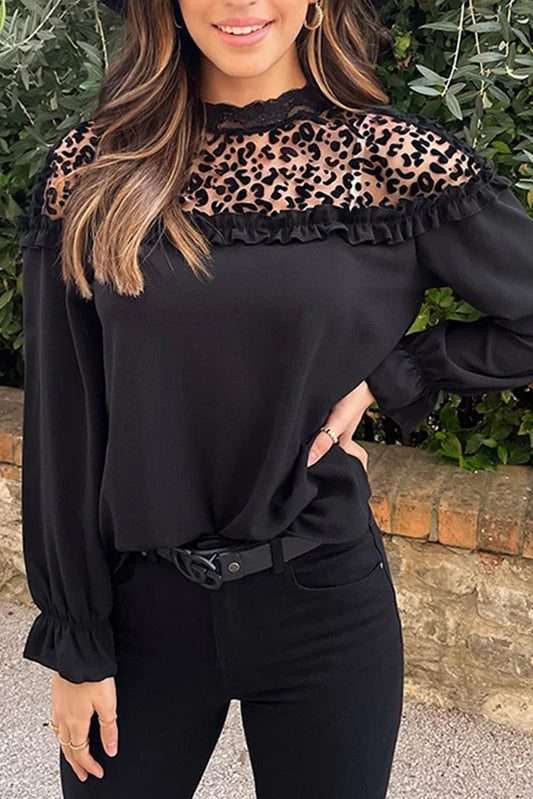 Black Leopard Sheer Splicing Lace Neck Ruffle Blouse