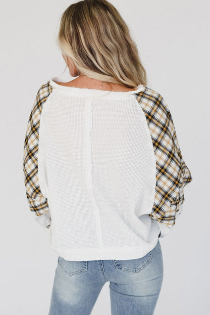 Green Plaid Patch Waffle Knit Long Sleeve Top