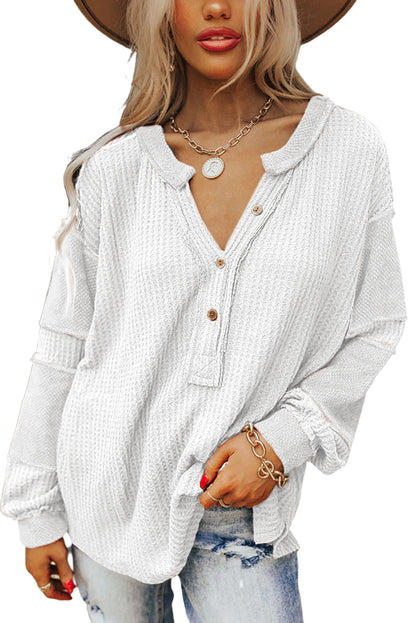 Gray Contrast Patched V Neck Waffle Knit Henley Top