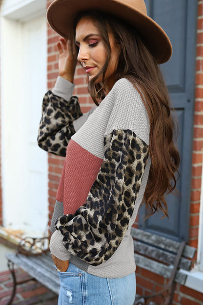 Leopard Print Color Block V Neck Waffle Knit Long Sleeve Top