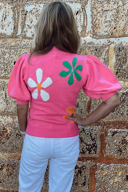 Bright Pink Floral Print Bubble Short Sleeve Knitted Top