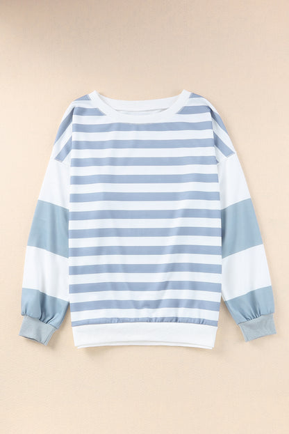 Blue Striped Casual Drop Shoulder Pullover Sweatshirt