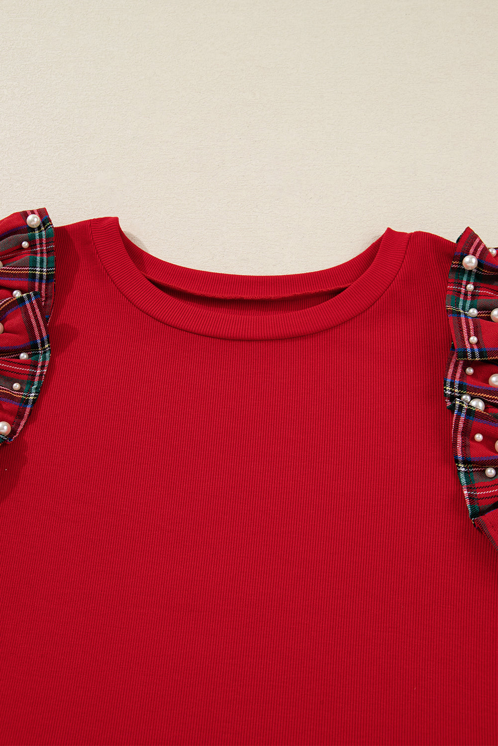 Racing Red Plaid Pearl Ruffled Sleeve Knitted Christmas Holiday Plus Size Top