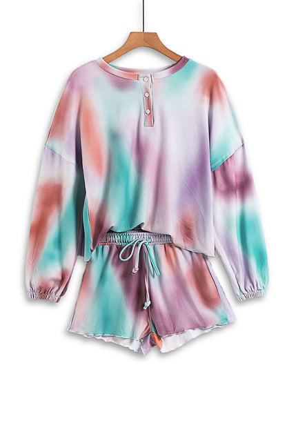 Multicolor Tie Dye Top & Drawstring Shorts Loungewear Set