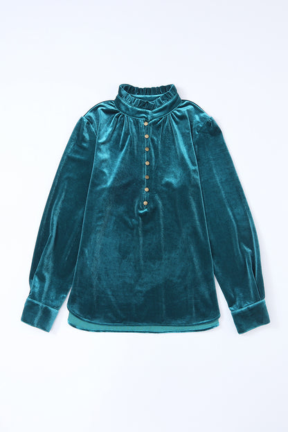 Navy Blue Frilled Buttoned V Neck Velvet Blouse