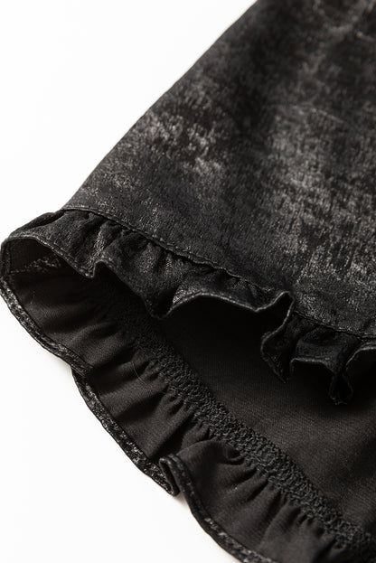 Gold Metallic Velvet Frill V Neck Puff Sleeve Babydoll Blouse