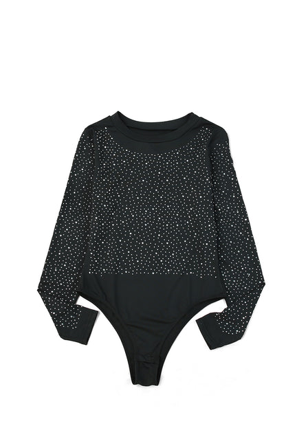 Green Rhinestone Casual Slim Fit Long Sleeve Bodysuit