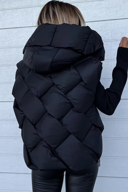 Black Quilted Zipper Front Thermal Hooded Vest Coat