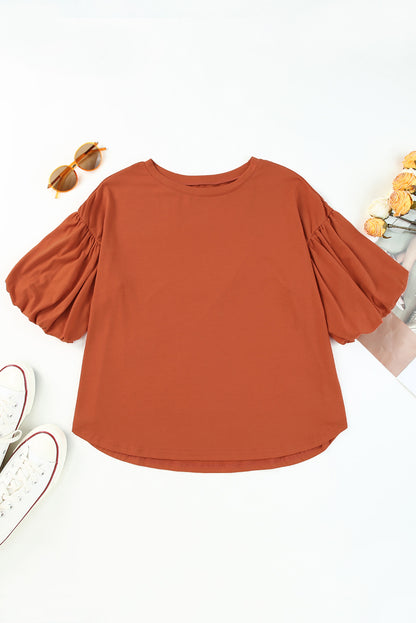 Orange Solid Color Casual Bishop Sleeve Blouse