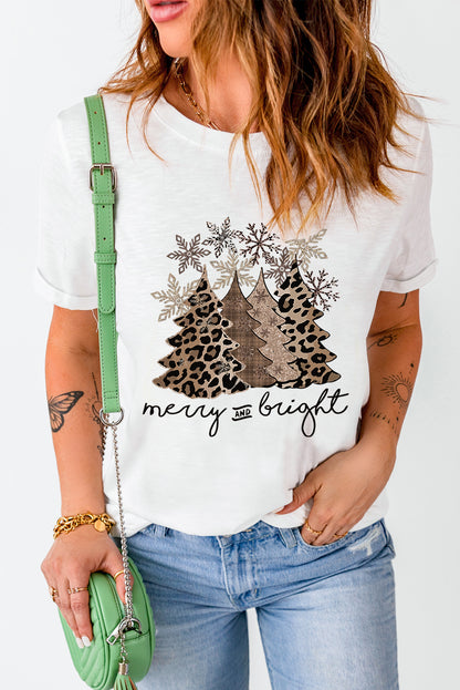 Black Leopard Christmas Tree Heat Transfer Printing Crew Neck Graphic T Shirt