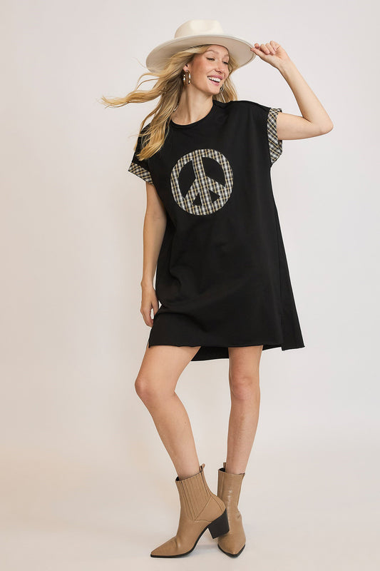 Umgee Peace Plaid Applique Short Sleeve Mini Dress