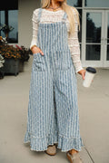 Myosotis Striped Distressed Ruffled Wide Leg Denim Overalls