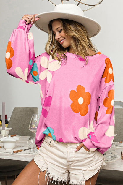 Pink Floral Print Drop Shoulder Tunic Top