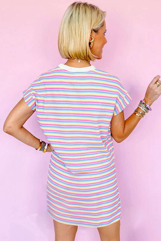 Pink Striped Crew Neck Mini T-shirt Dress